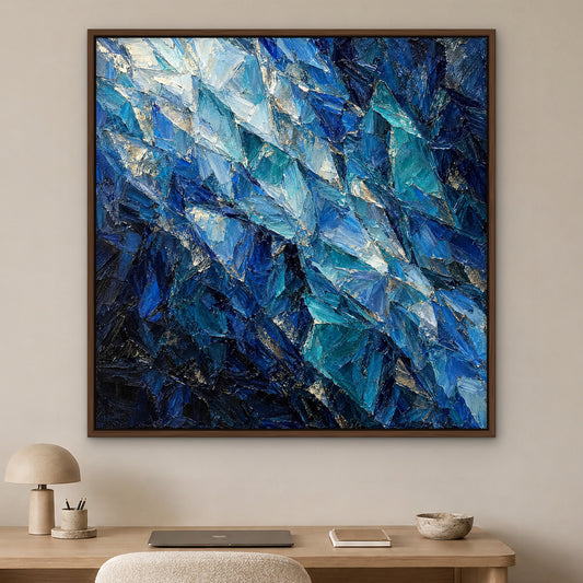 Sapphire Shimmer, blue abstract hand-painted canvas wall art in a home office – Gallery 23