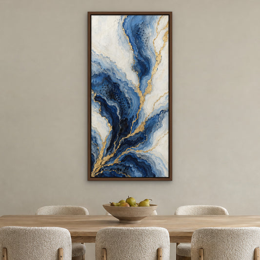 Golden Agate, blue abstract hand-painted canvas wall art in a dining room – Gallery 23