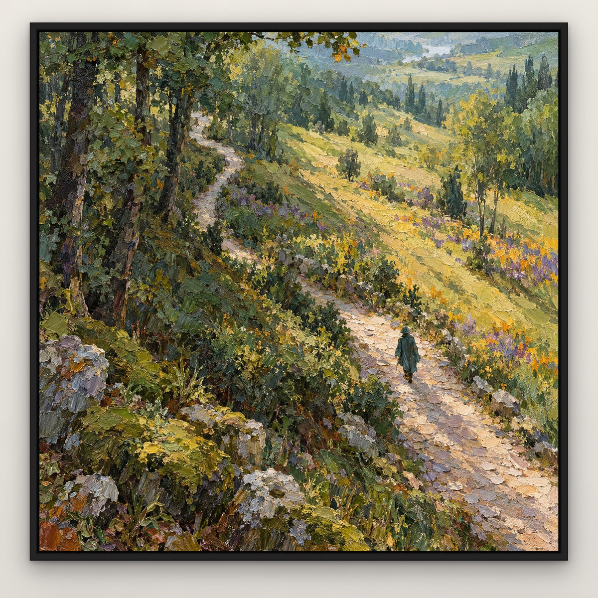 Green Forest Walk, teal landscape hand-painted canvas wall art in a slim black float frame – Gallery 23