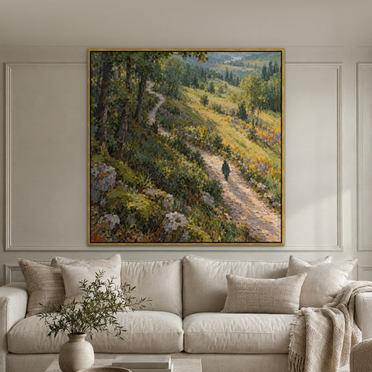 Green Forest Walk, teal landscape hand-painted canvas wall art in a living room – Gallery 23