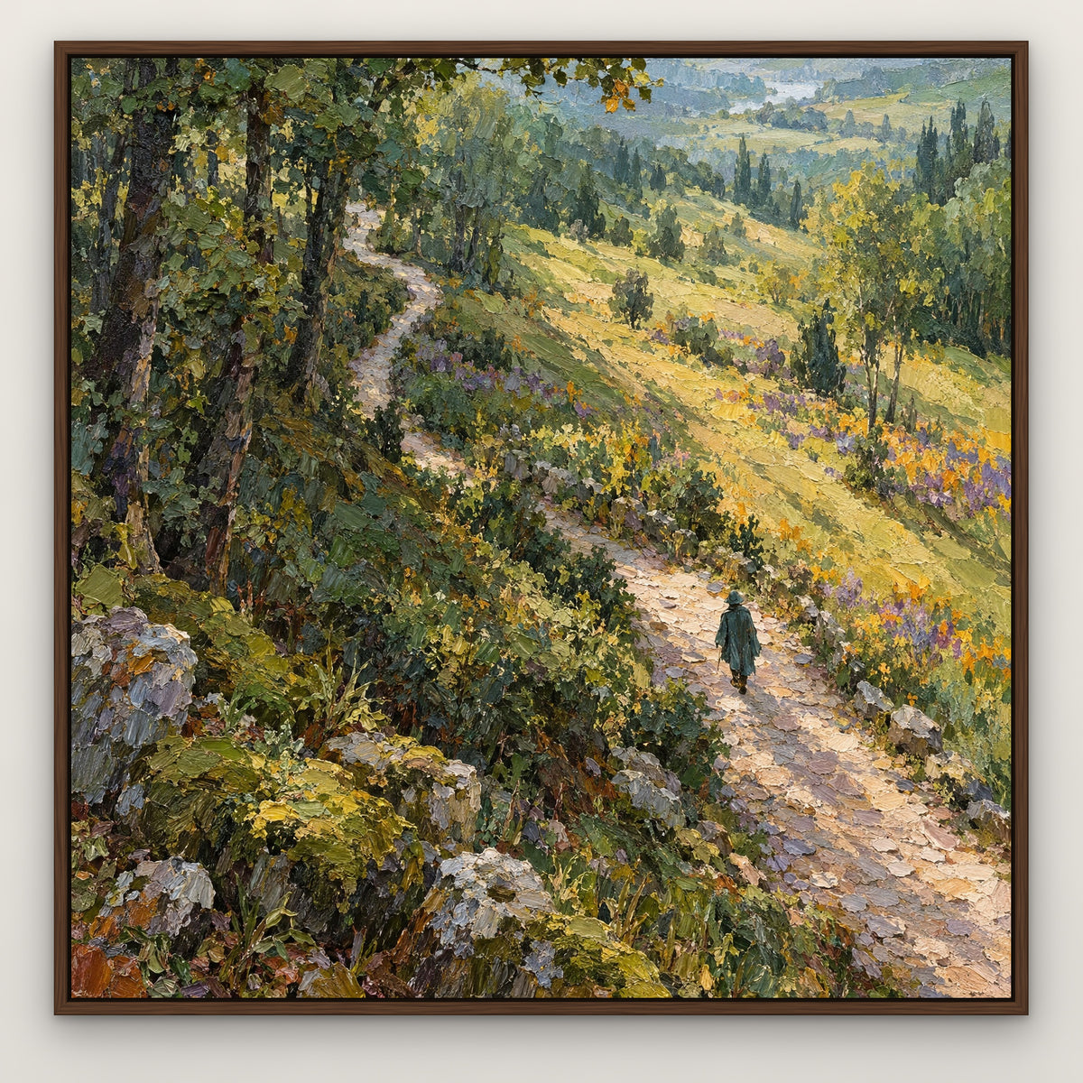 Green Forest Walk, teal landscape hand-painted canvas wall art in a slim walnut float frame – Gallery 23