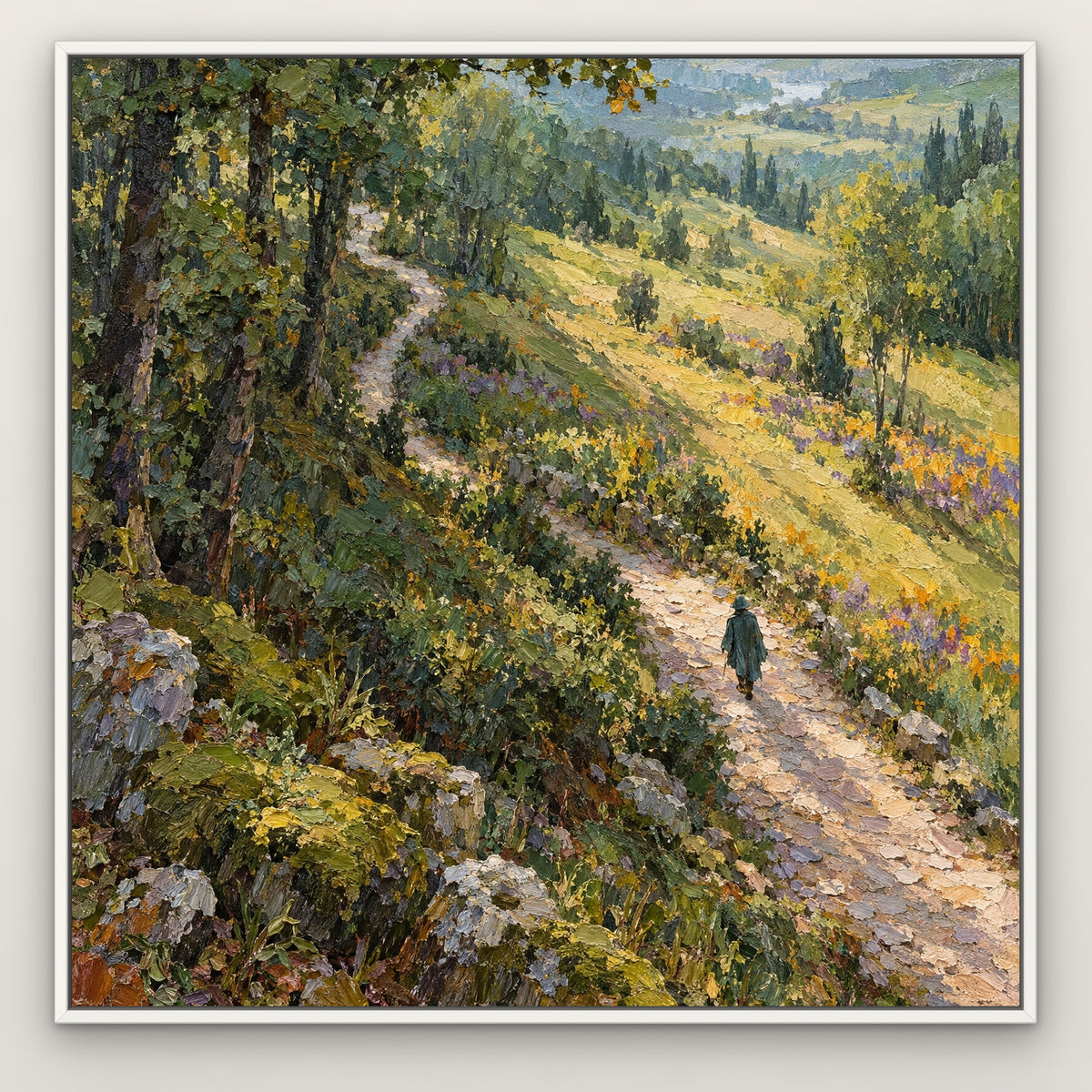 Green Forest Walk, teal landscape hand-painted canvas wall art in a slim white float frame – Gallery 23