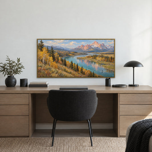 Autumn River Peak, blue mountain landscape hand-painted canvas wall art in a home office – Gallery 23