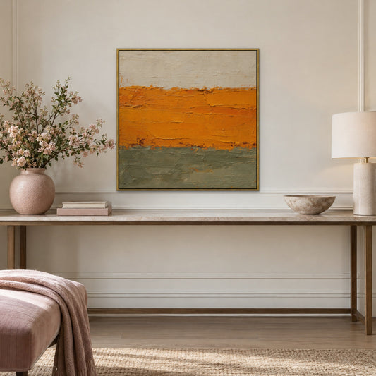 Saffron Stroke, orange abstract hand-painted canvas wall art in a hallway – Gallery 23