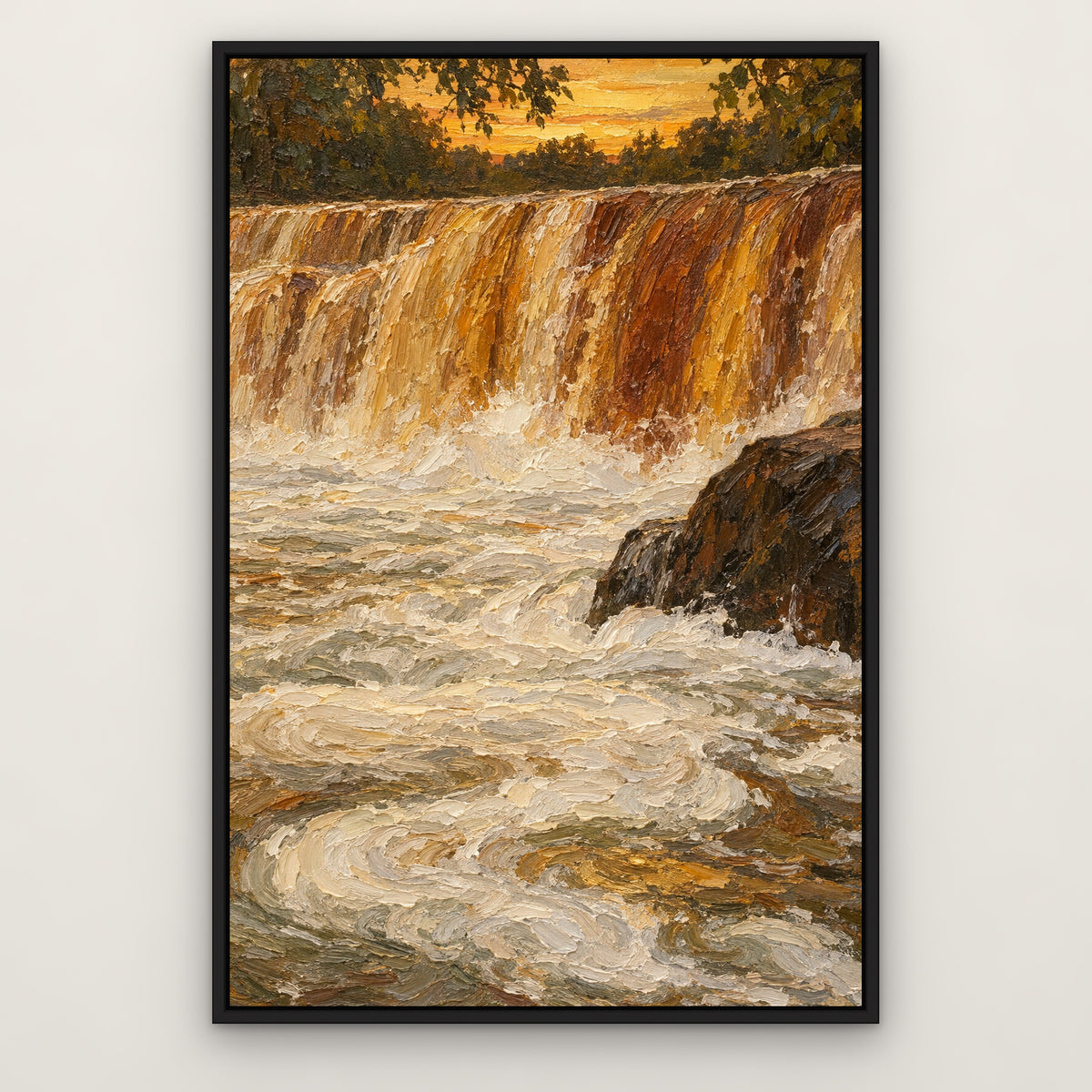 Amber Falls, gold abstract hand-painted canvas wall art in a slim black float frame – Gallery 23