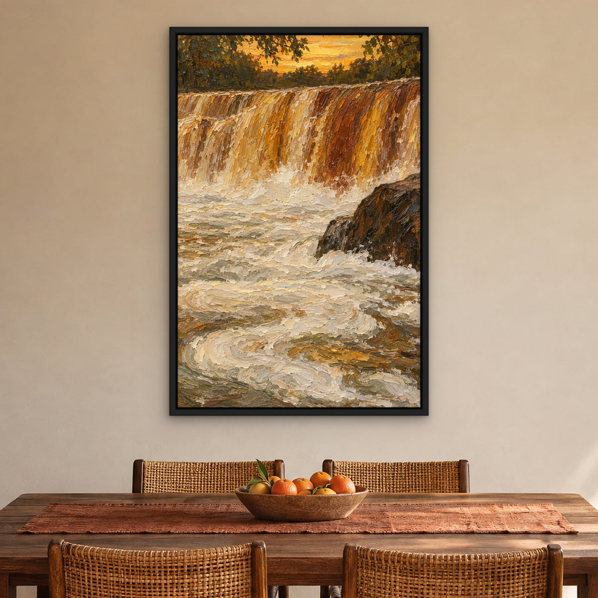 Amber Falls, gold abstract hand-painted canvas wall art in a dining room – Gallery 23