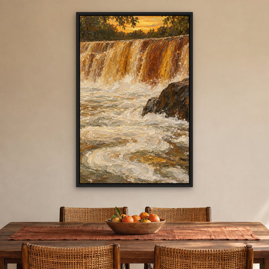 Amber Falls, gold abstract hand-painted canvas wall art in a dining room – Gallery 23