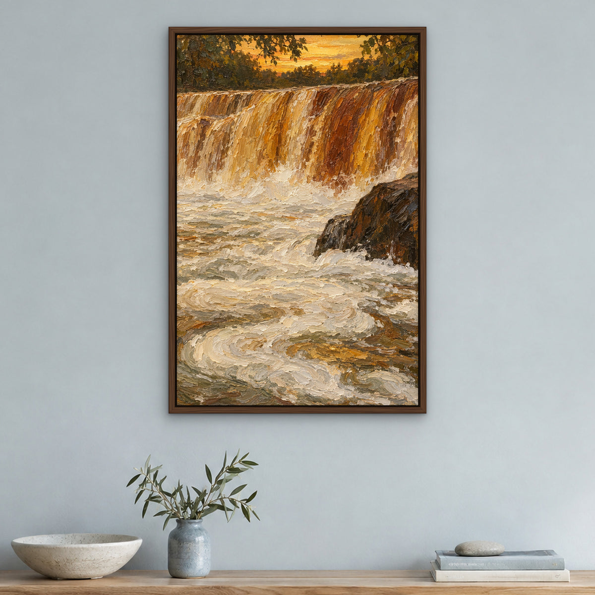 Amber Falls, gold abstract hand-painted canvas wall art in a hallway – Gallery 23