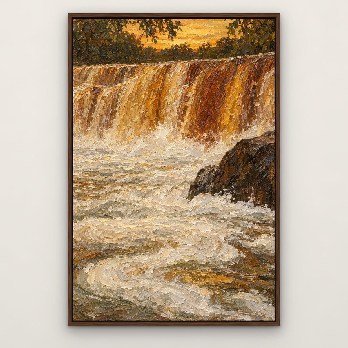 Amber Falls, gold abstract hand-painted canvas wall art in a slim walnut float frame – Gallery 23