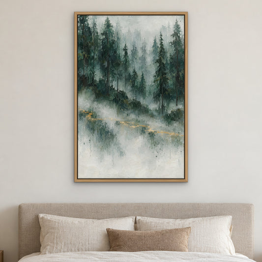 Forest Mist, green abstract hand-painted canvas wall art in a bedroom – Gallery 23