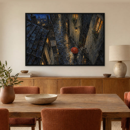 Red Umbrella Night, blue cityscape hand-painted canvas wall art in a dining room – Gallery 23