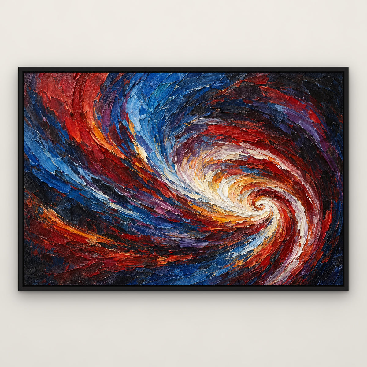 Crimson Vortex, colourful abstract hand-painted canvas wall art in a slim black float frame – Gallery 23