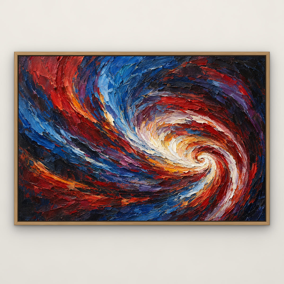 Crimson Vortex, colourful abstract hand-painted canvas wall art in a slim oak float frame – Gallery 23