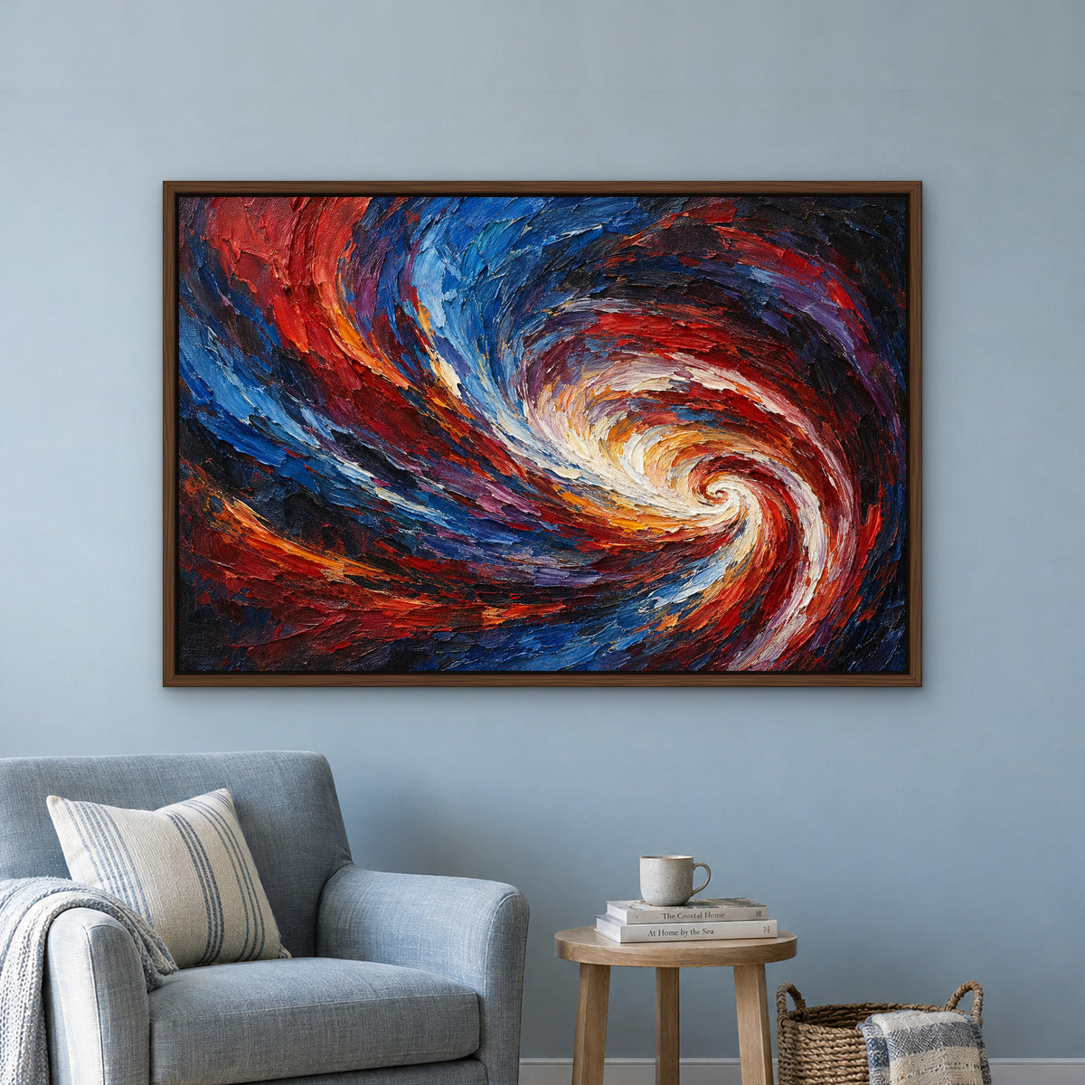 Crimson Vortex, colourful abstract hand-painted canvas wall art in a reading corner – Gallery 23