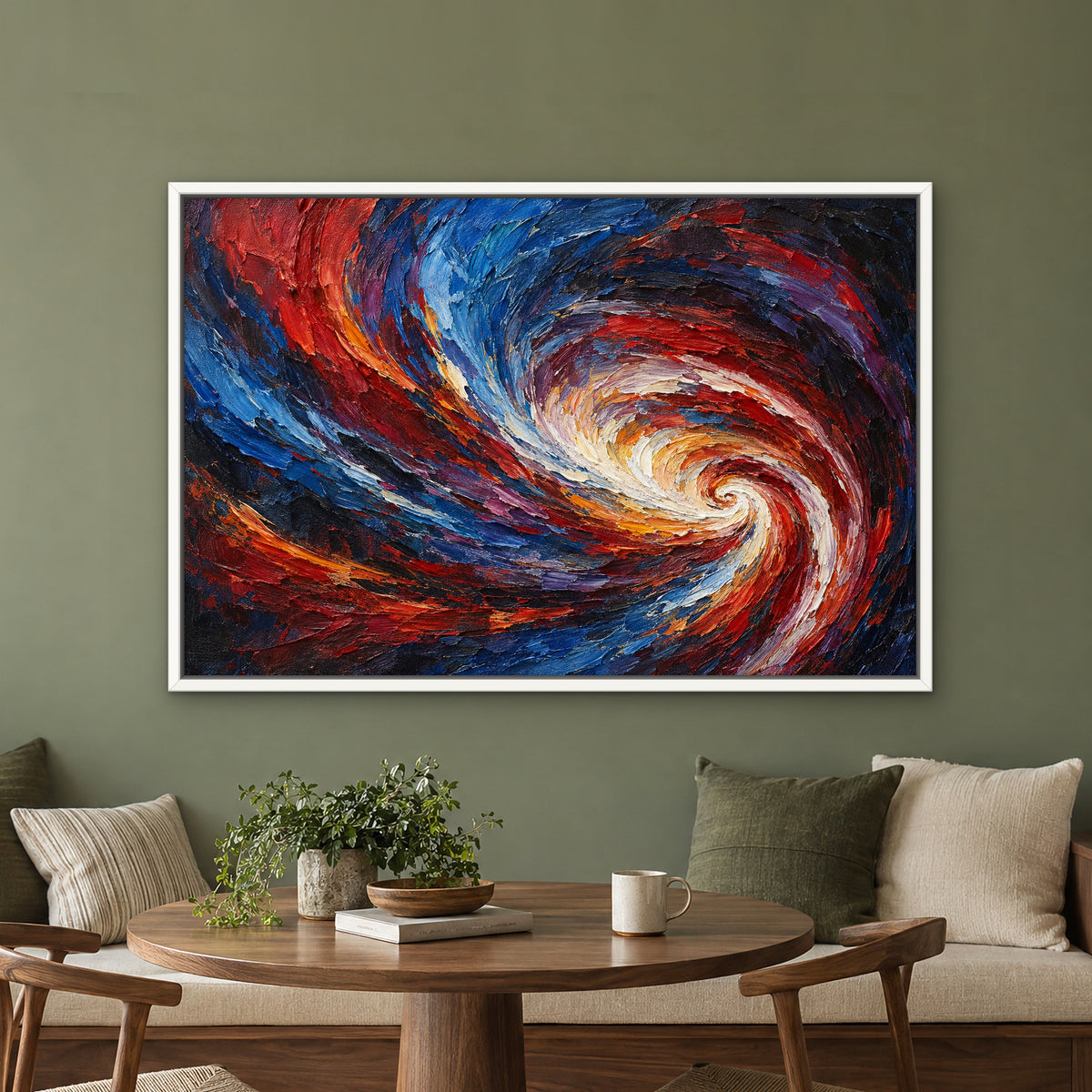 Crimson Vortex, colourful abstract hand-painted canvas wall art in a kitchen nook – Gallery 23