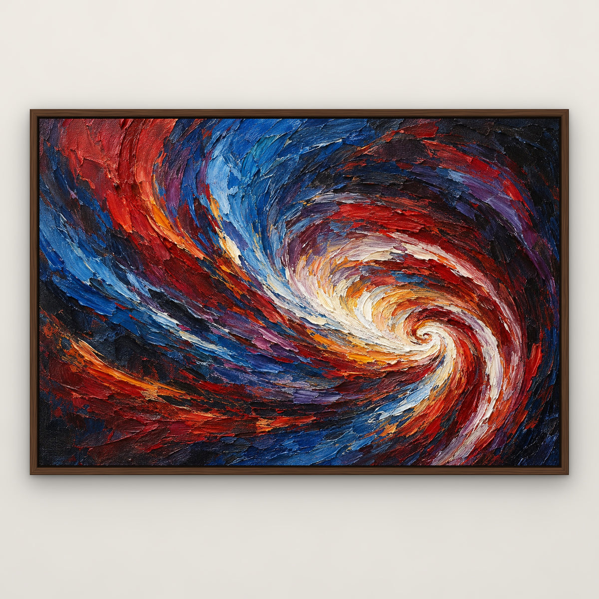 Crimson Vortex, colourful abstract hand-painted canvas wall art in a slim walnut float frame – Gallery 23