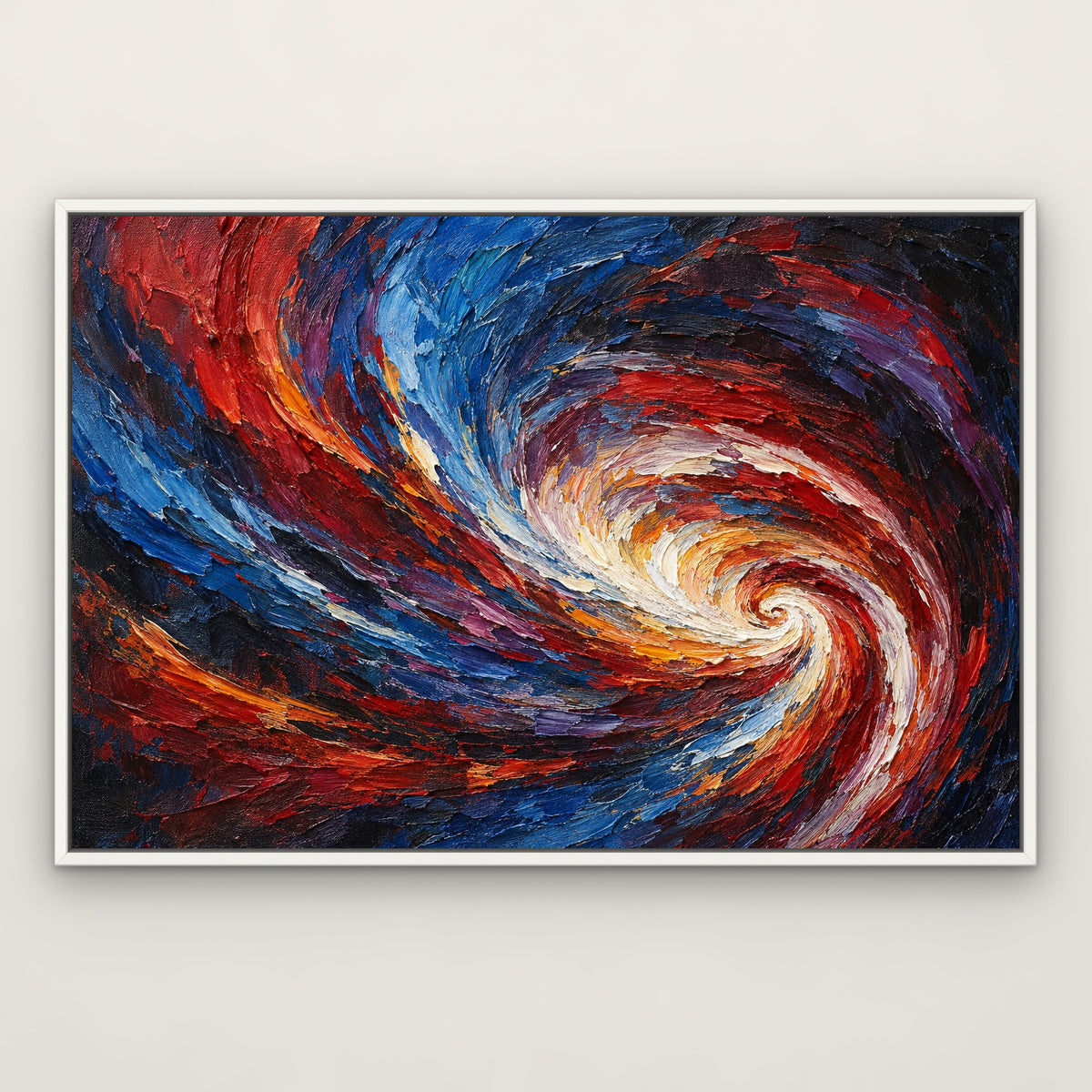 Crimson Vortex, colourful abstract hand-painted canvas wall art in a slim white float frame – Gallery 23