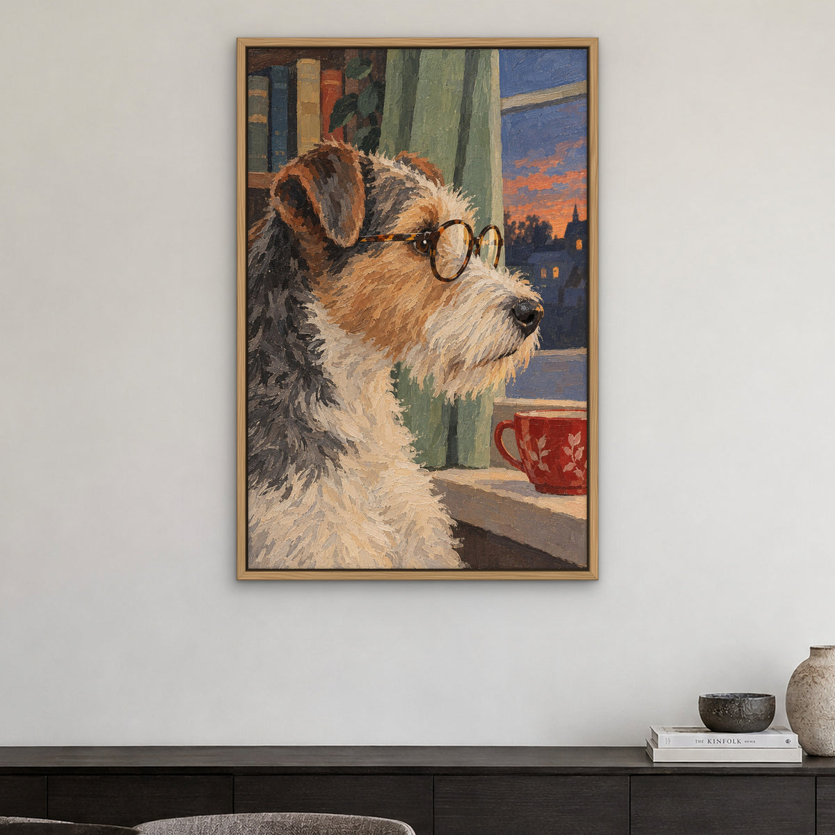 Spectacled Terrier, green pop art hand-painted canvas wall art in a dining room – Gallery 23
