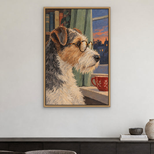 Spectacled Terrier, green pop art hand-painted canvas wall art in a dining room – Gallery 23