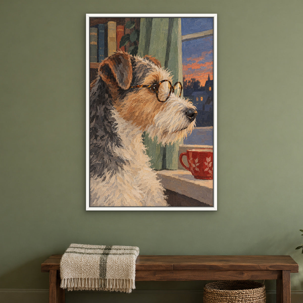 Spectacled Terrier, green pop art hand-painted canvas wall art in a bedroom – Gallery 23