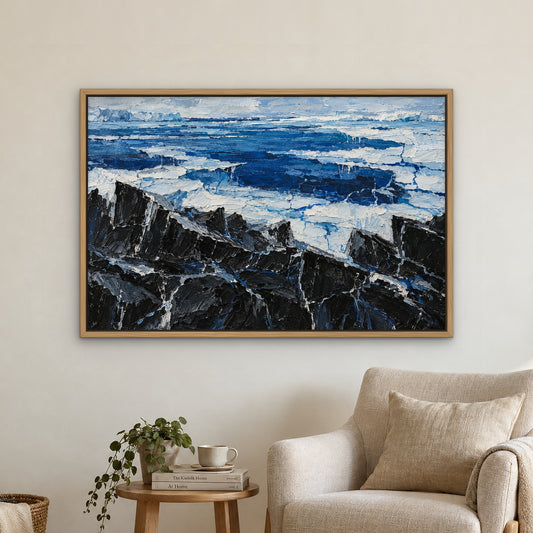 Black Ice and Cobalt, blue abstract hand-painted canvas wall art in a reading corner – Gallery 23