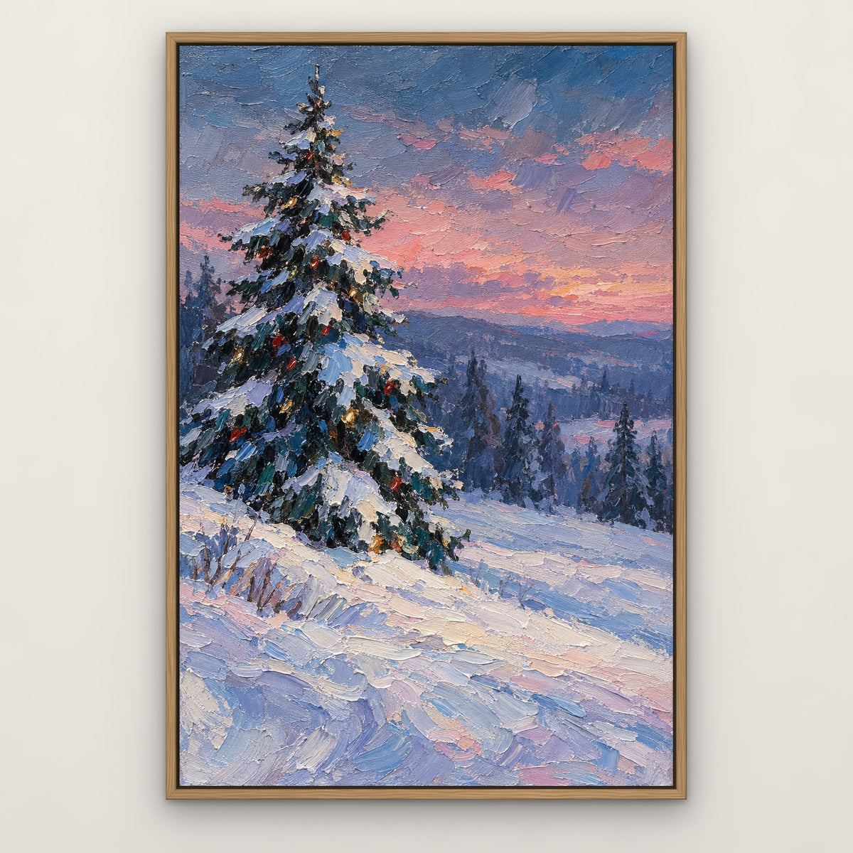 Snow-Dusted Fir, blue hand-painted canvas wall art in a slim oak float frame – Gallery 23