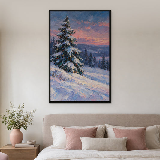 Snow-Dusted Fir, blue hand-painted canvas wall art in a bedroom – Gallery 23
