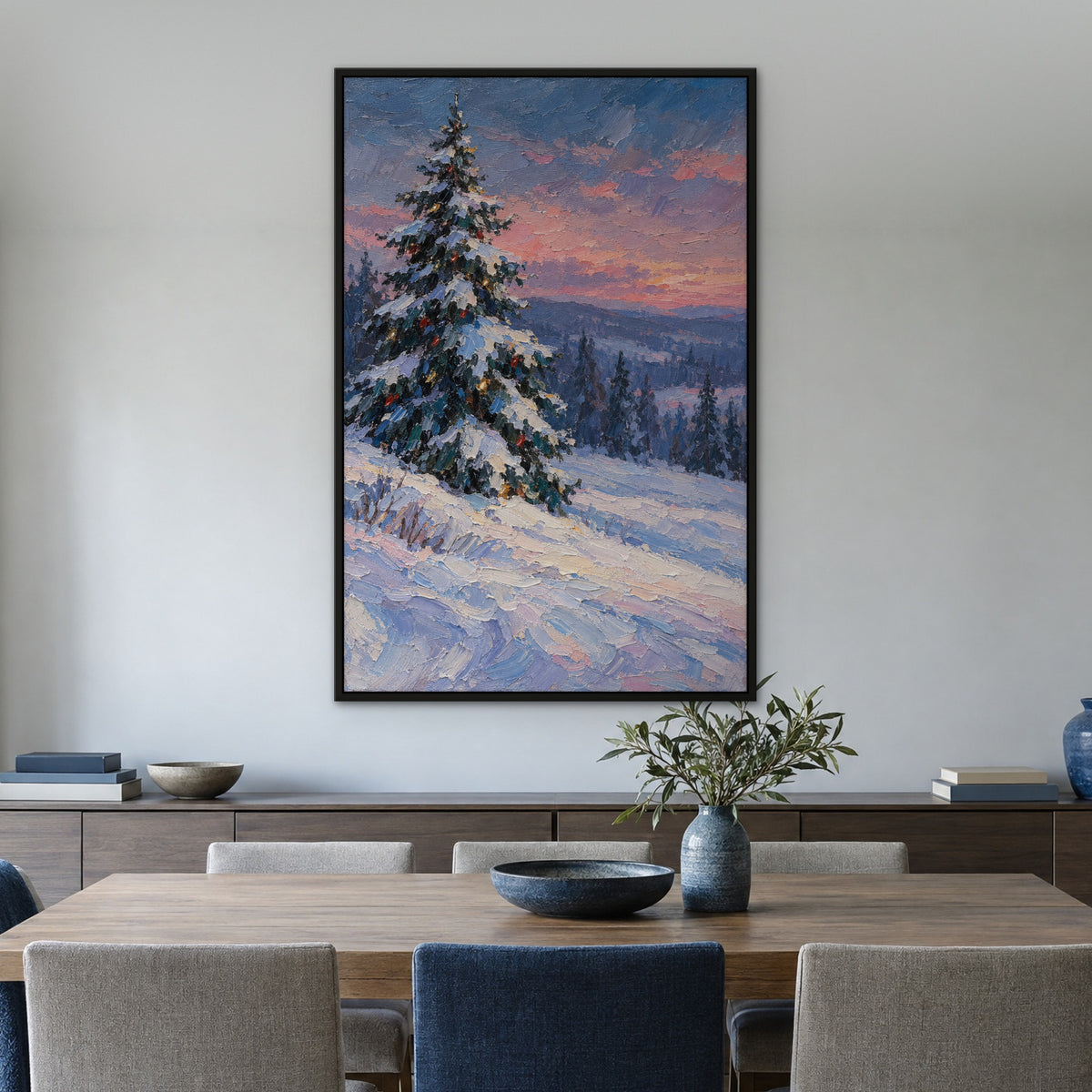 Snow-Dusted Fir, blue hand-painted canvas wall art in a dining room – Gallery 23