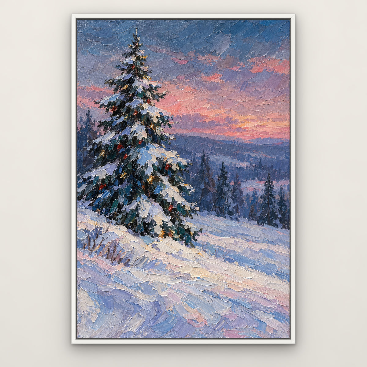 Snow-Dusted Fir, blue hand-painted canvas wall art in a slim white float frame – Gallery 23