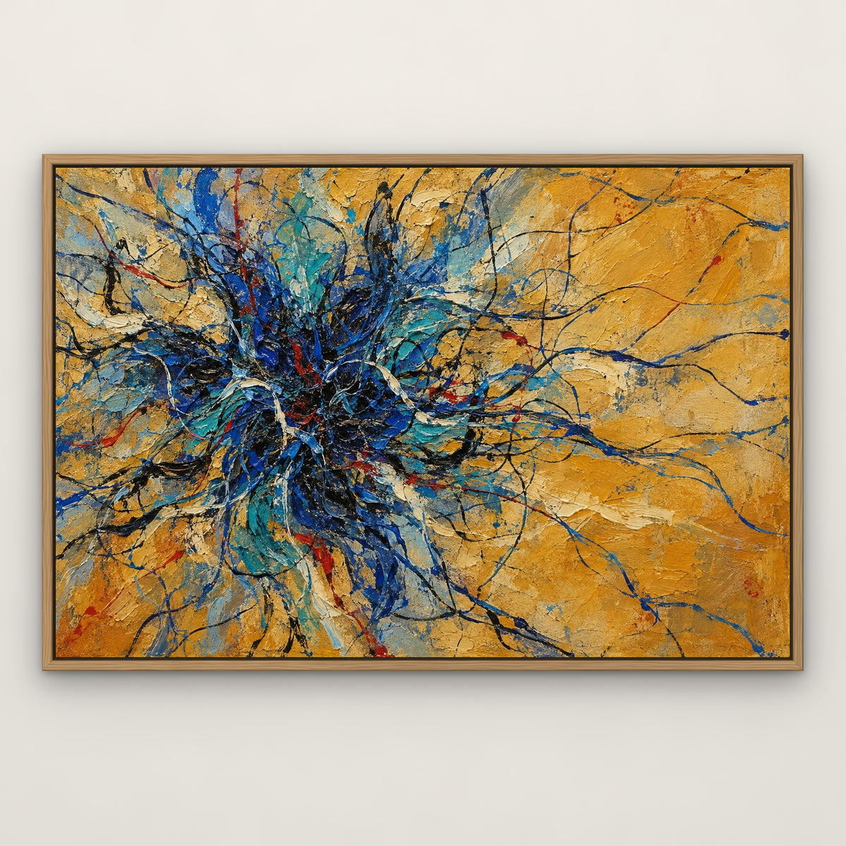 Cobalt Drip Web, blue abstract hand-painted canvas wall art in a slim oak float frame – Gallery 23