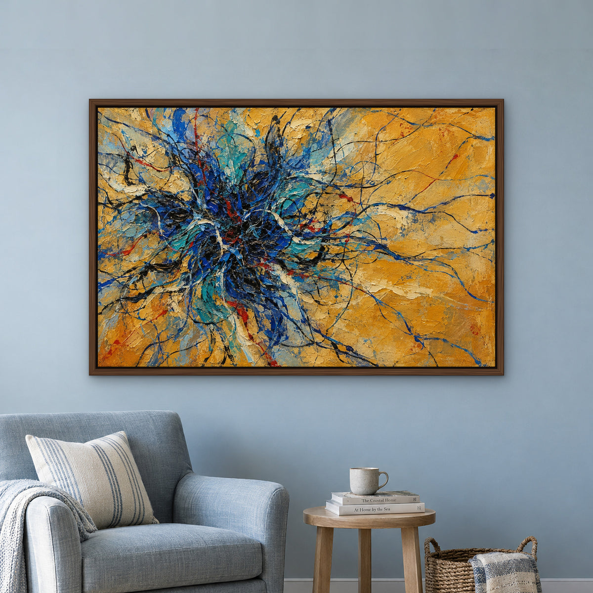 Cobalt Drip Web, blue abstract hand-painted canvas wall art in a reading corner – Gallery 23