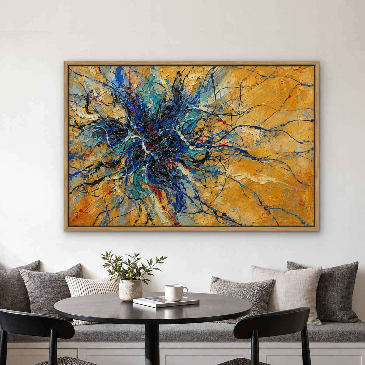 Cobalt Drip Web, blue abstract hand-painted canvas wall art in a kitchen nook – Gallery 23