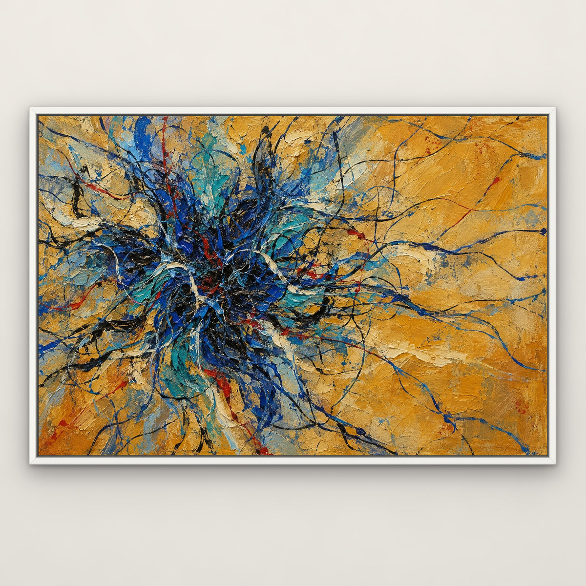 Cobalt Drip Web, blue abstract hand-painted canvas wall art in a slim white float frame – Gallery 23