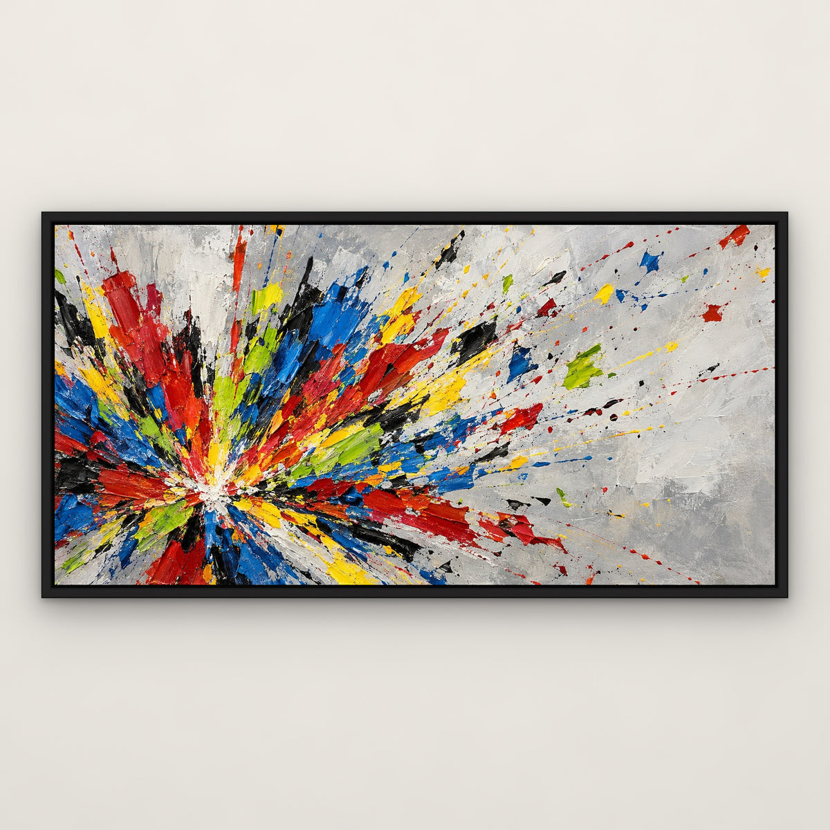 Colour Explosion, colourful abstract hand-painted canvas wall art in a slim black float frame – Gallery 23