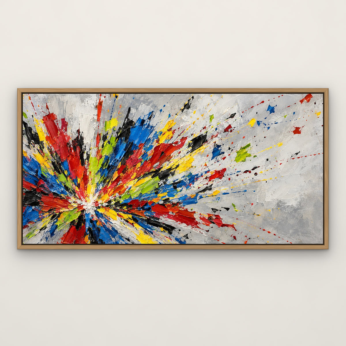 Colour Explosion, colourful abstract hand-painted canvas wall art in a slim oak float frame – Gallery 23