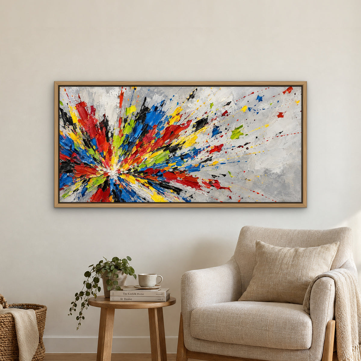 Colour Explosion, colourful abstract hand-painted canvas wall art in a reading corner – Gallery 23