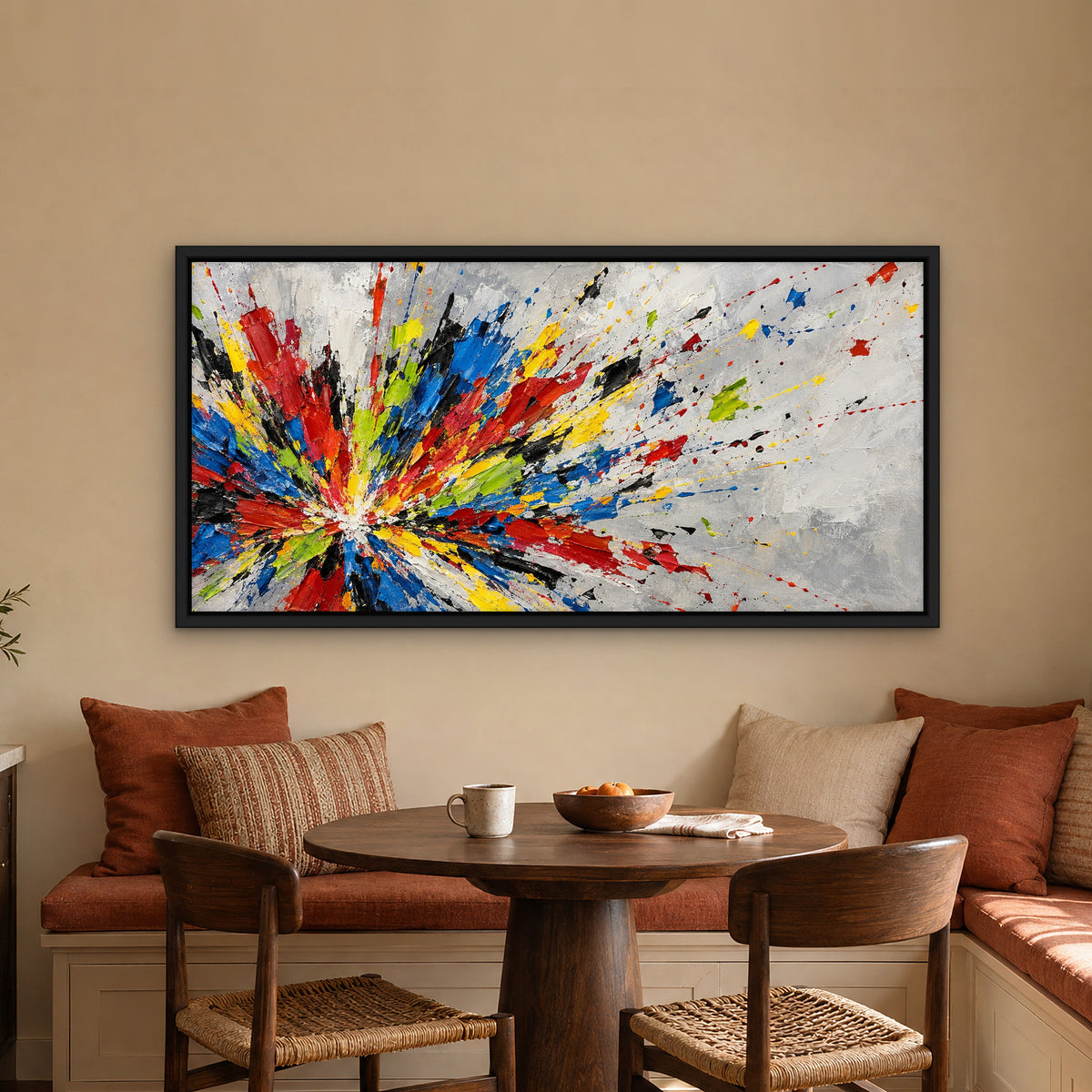 Colour Explosion, colourful abstract hand-painted canvas wall art in a kitchen nook – Gallery 23