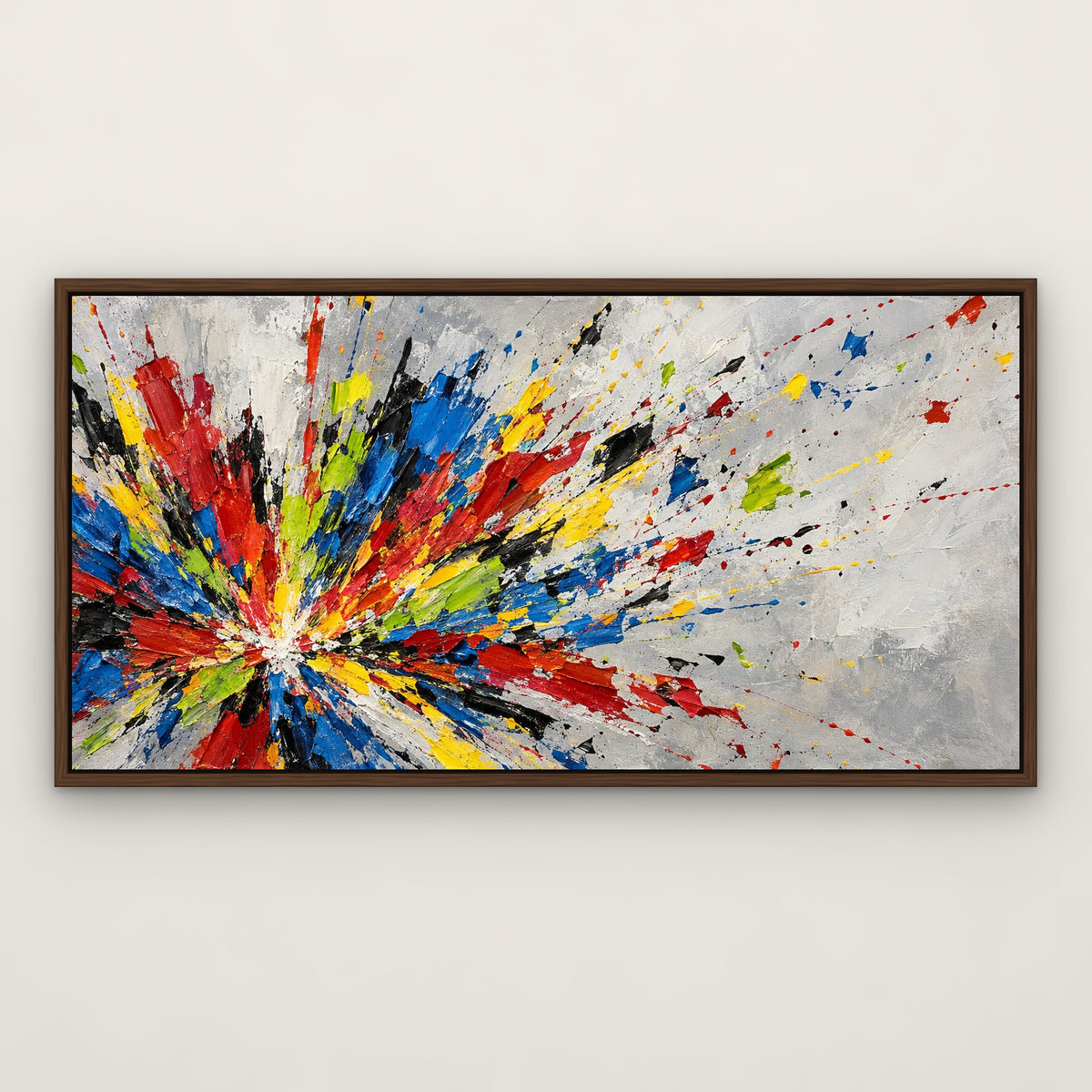 Colour Explosion, colourful abstract hand-painted canvas wall art in a slim walnut float frame – Gallery 23