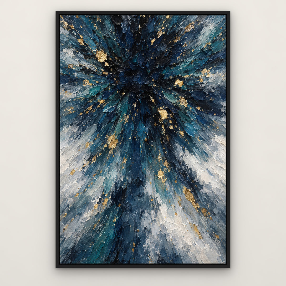Indigo and Gold Rain, blue abstract hand-painted canvas wall art in a slim black float frame – Gallery 23