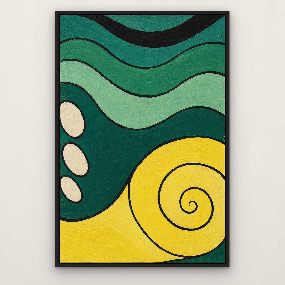 Jade and Lemon Curves, green abstract hand-painted canvas wall art in a slim black float frame – Gallery 23