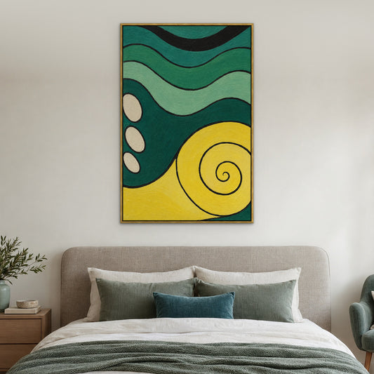 Jade and Lemon Curves, green abstract hand-painted canvas wall art in a bedroom – Gallery 23