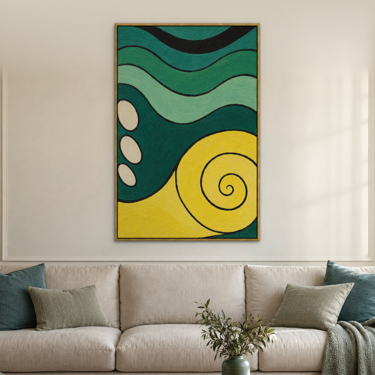 Jade and Lemon Curves, green abstract hand-painted canvas wall art in a living room – Gallery 23