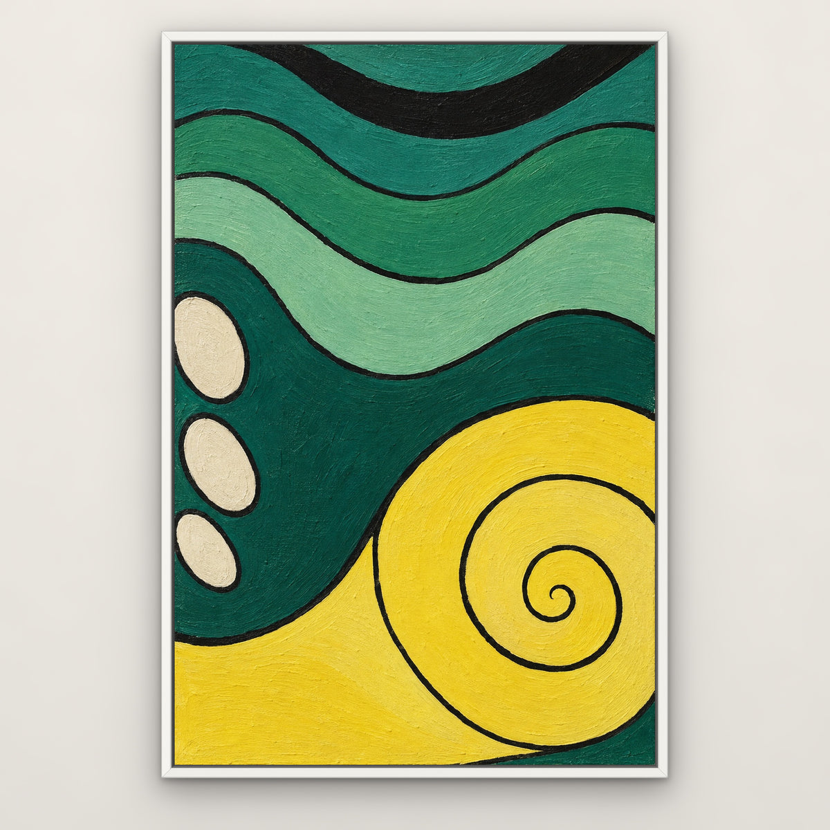Jade and Lemon Curves, green abstract hand-painted canvas wall art in a slim white float frame – Gallery 23