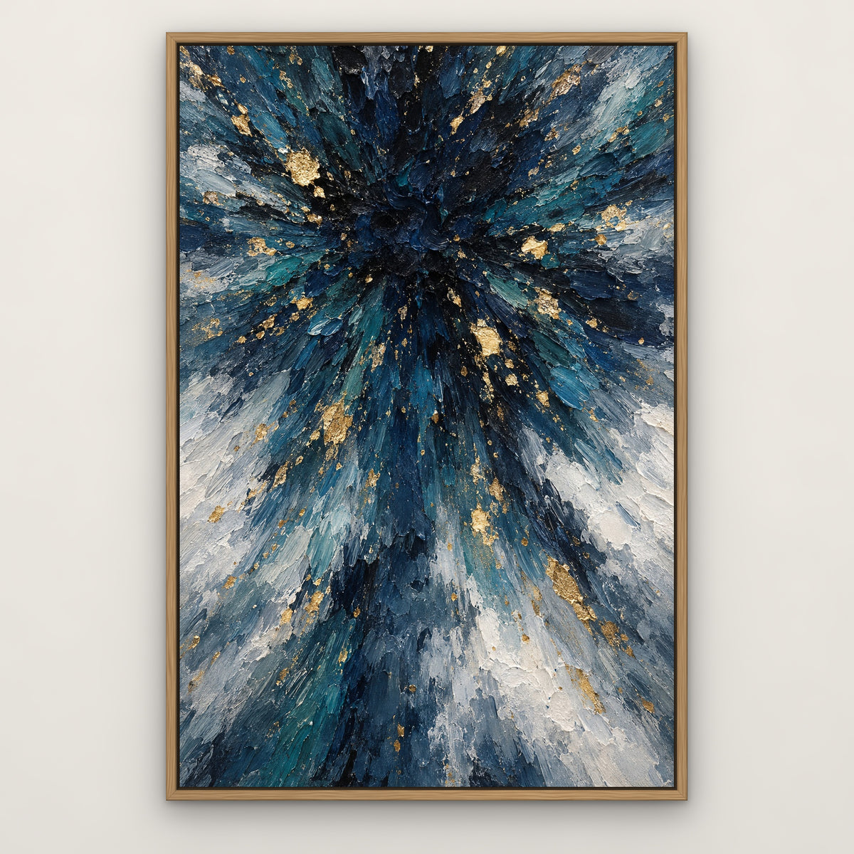Indigo and Gold Rain, blue abstract hand-painted canvas wall art in a slim oak float frame – Gallery 23