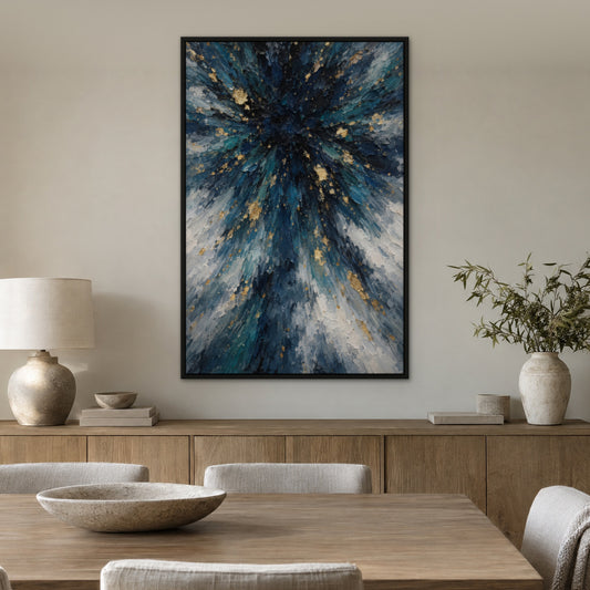 Indigo and Gold Rain, blue abstract hand-painted canvas wall art in a dining room – Gallery 23