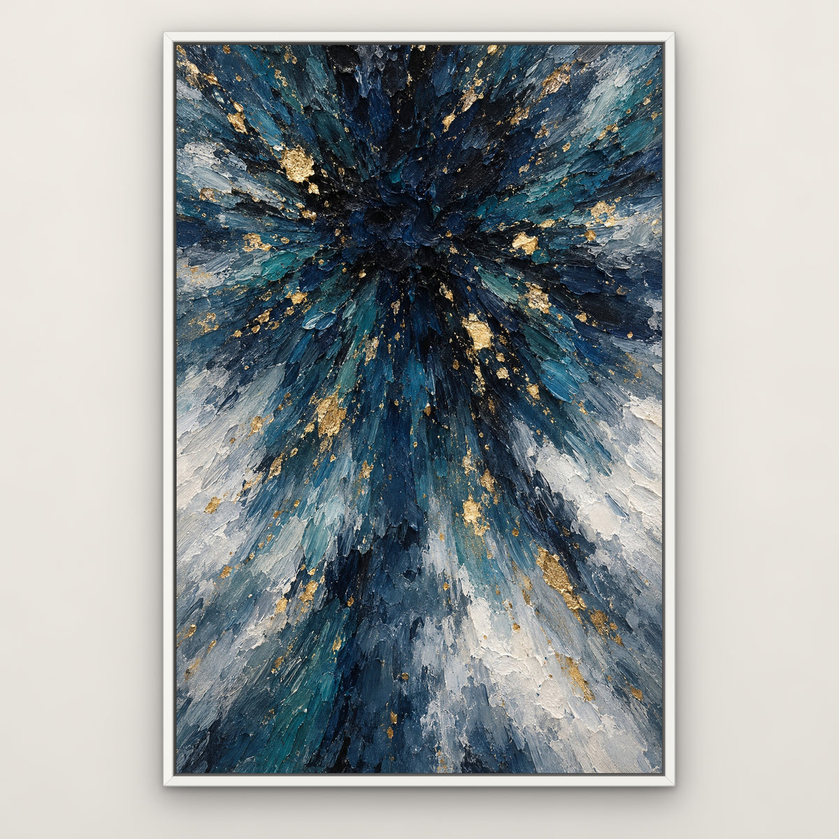 Indigo and Gold Rain, blue abstract hand-painted canvas wall art in a slim white float frame – Gallery 23