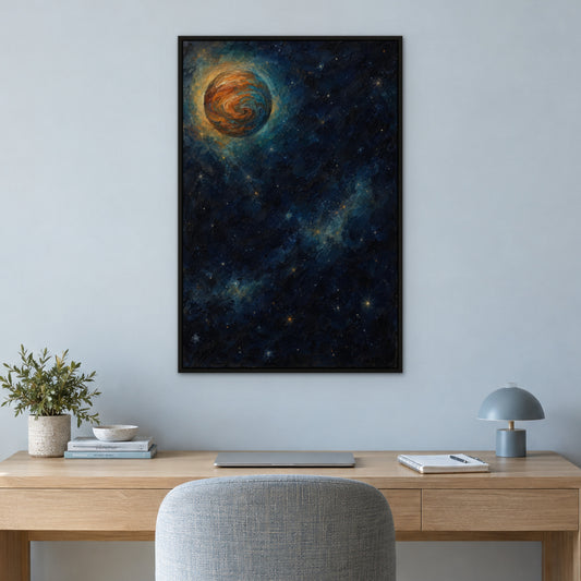 Copper Vortex, teal abstract hand-painted canvas wall art in a home office – Gallery 23
