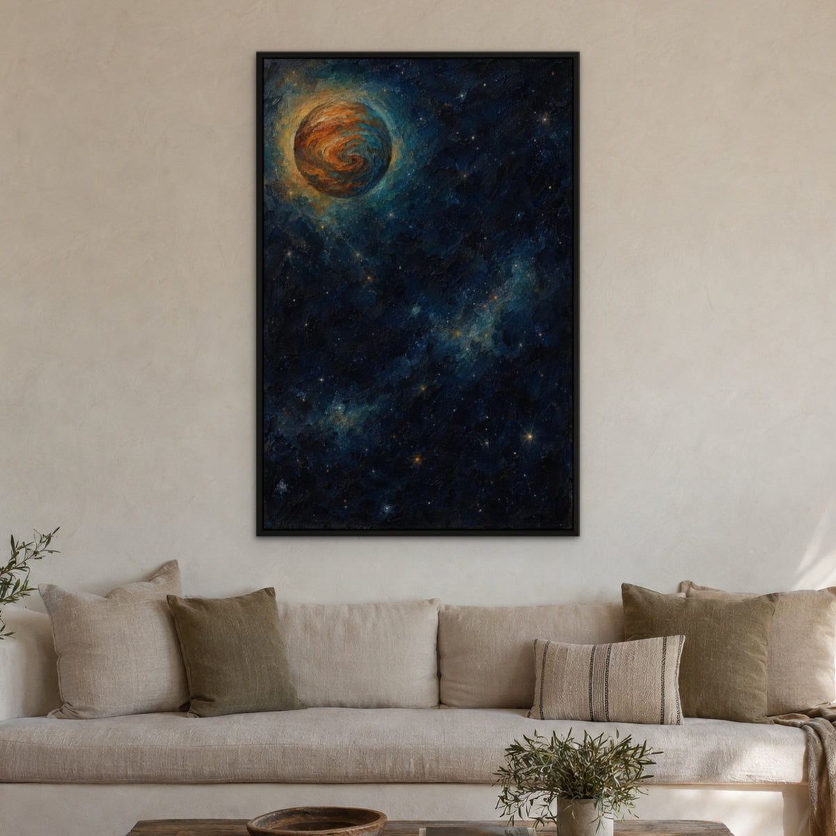 Copper Vortex, teal abstract hand-painted canvas wall art in a living room – Gallery 23
