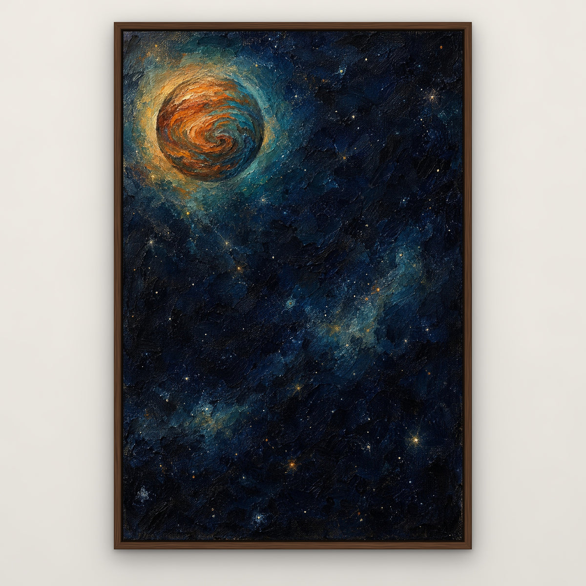 Copper Vortex, teal abstract hand-painted canvas wall art in a slim walnut float frame – Gallery 23