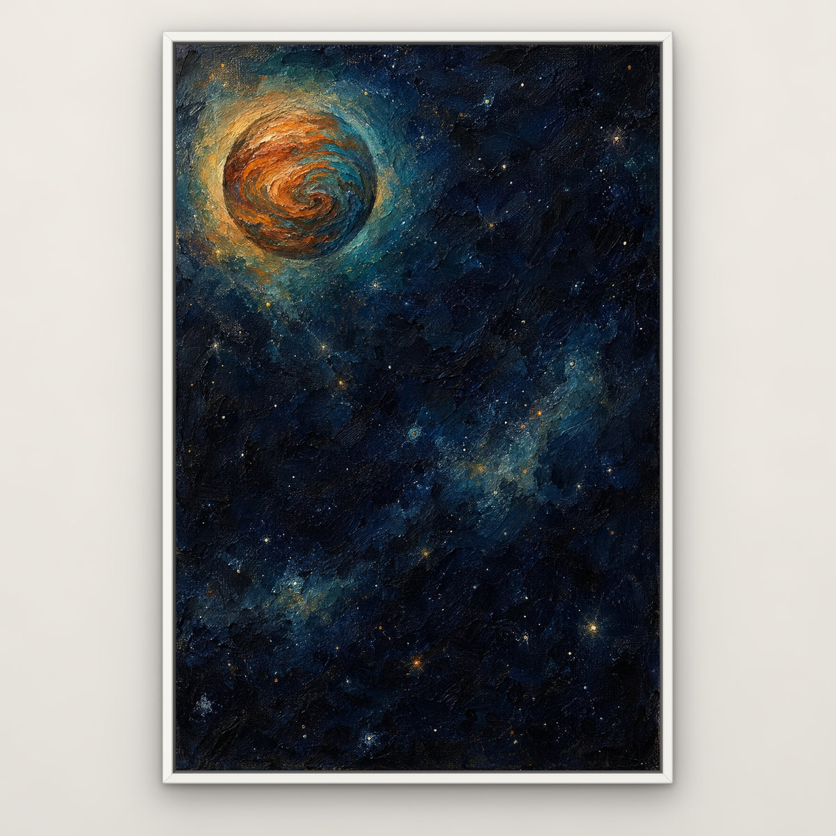 Copper Vortex, teal abstract hand-painted canvas wall art in a slim white float frame – Gallery 23